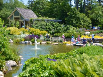 Coastal Maine Botanical Gardens view of pond and guests
