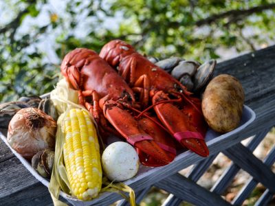 Cabbage Island Clam Bakes lobster, corn, potato, egg, onion, and clams